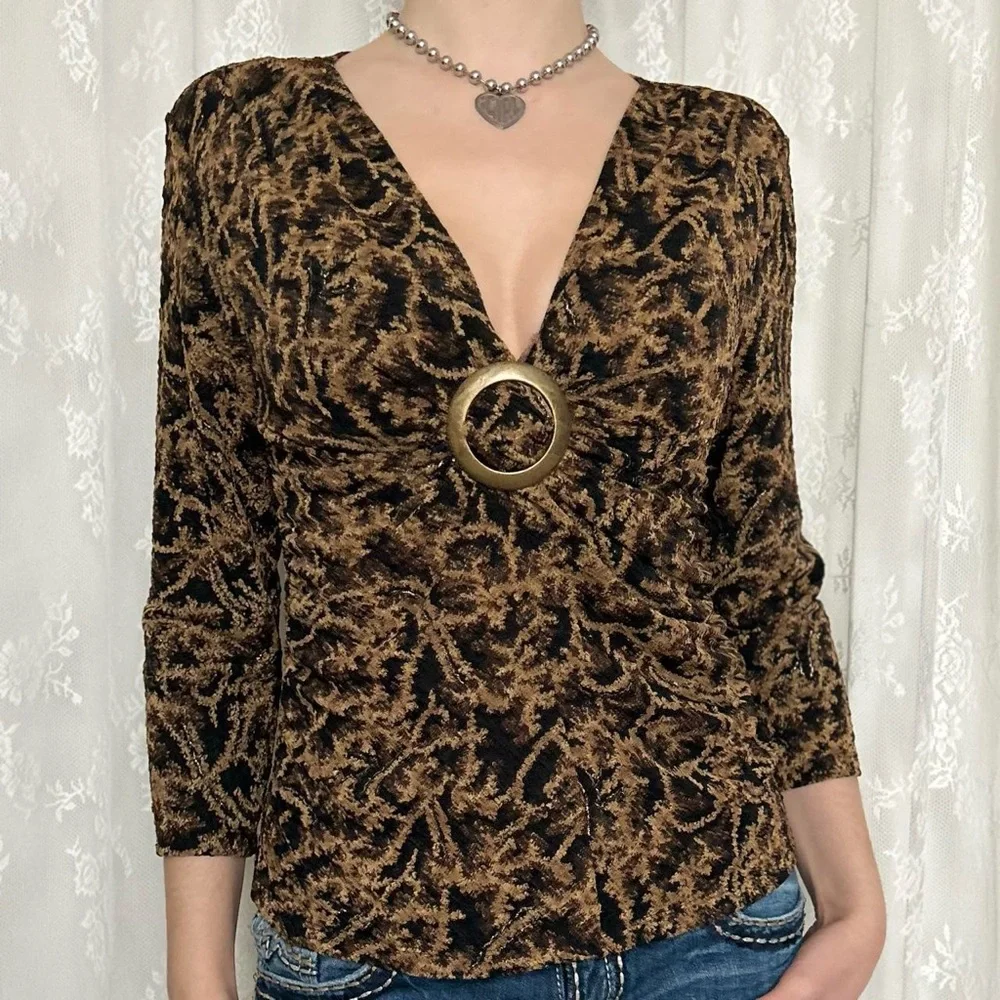 Y2K Leopard Print Brown B-Neck Blouse - Picture 2 of 6